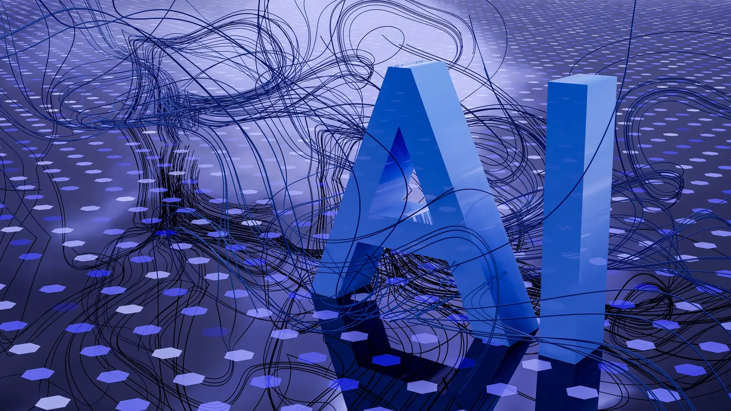 AI Schriftzug mit einem Netzwerk an Kabeln. Soll die Vernetzung der AI darstellen.